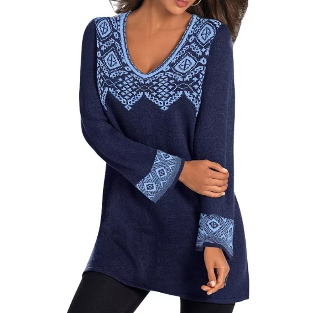 Roaman's Women's‎ Plus Fit and Flare Tunic V-Neck Sweater Blue 3X 30/32